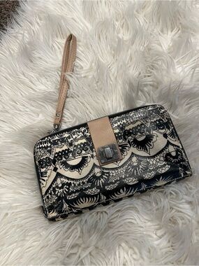 Sakroots Black & Cream Patterned Wristlet with Tan Strap